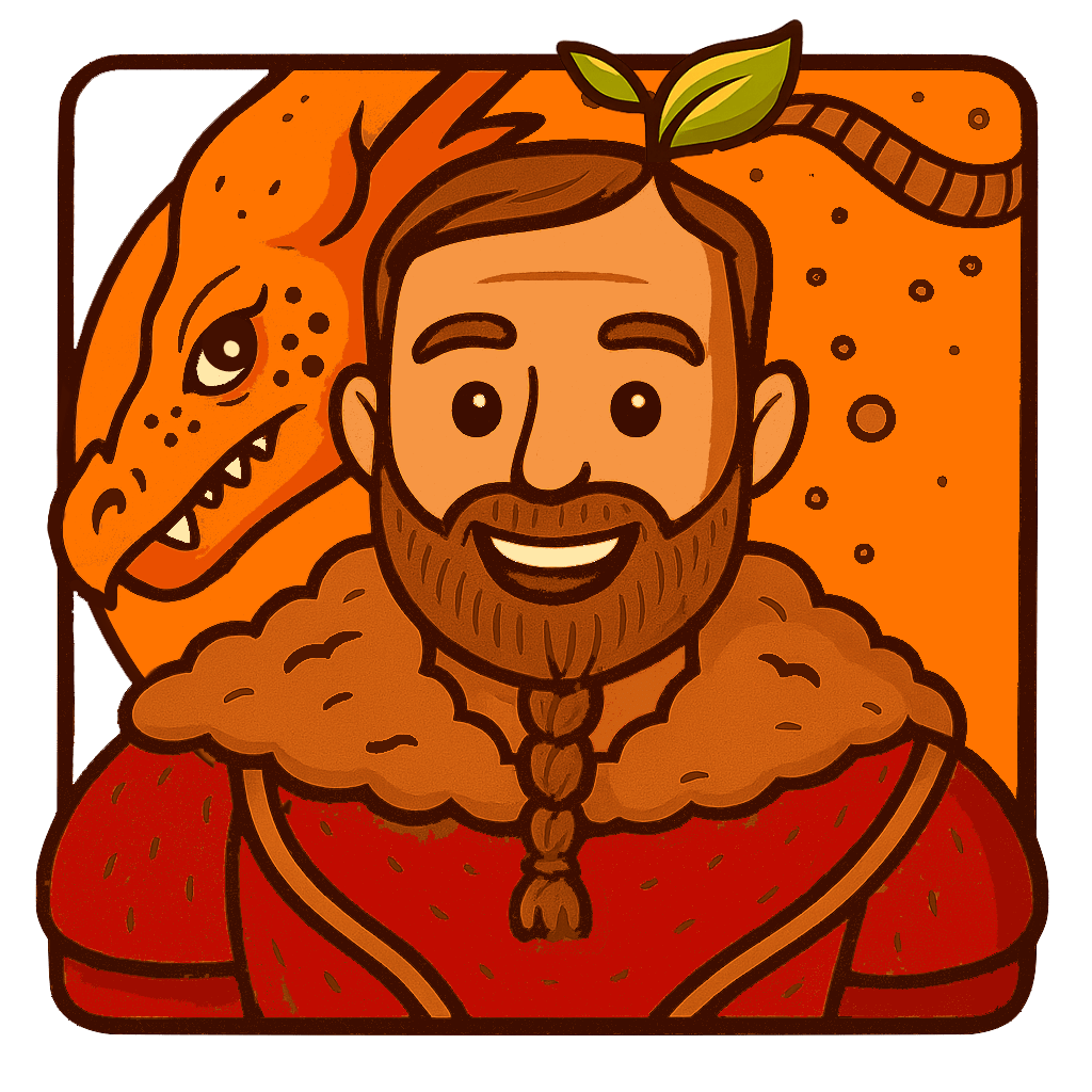 Cartoon portrait of Ward Vuillemot, with Mikan the mikan-dragon over his shoulder